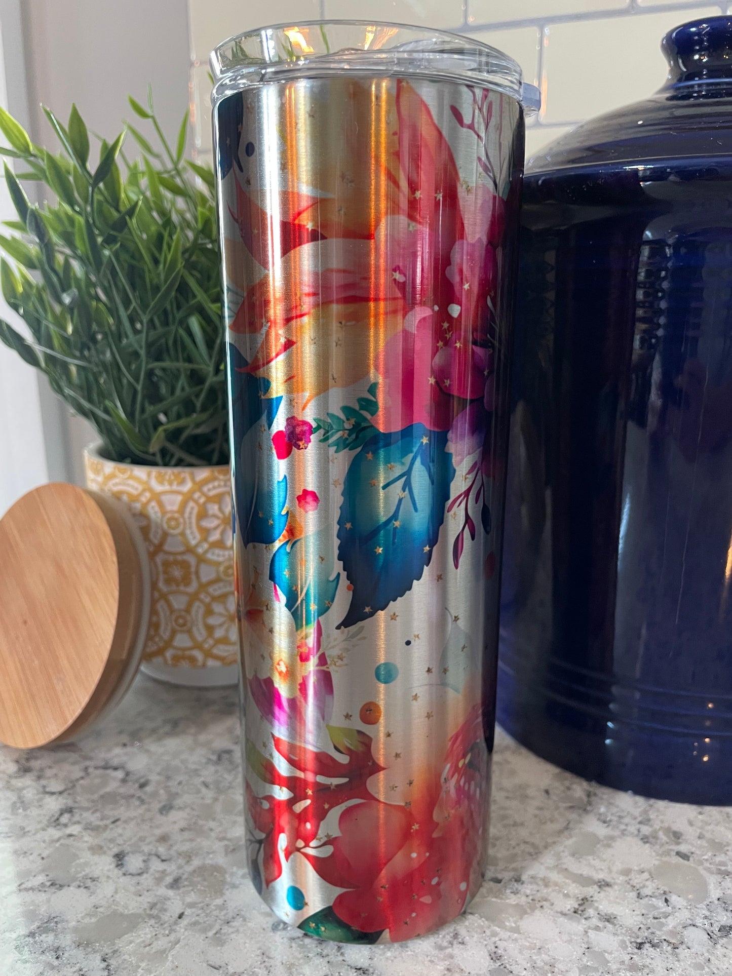 20 ounce Insulated Skinny Tumbler - Clear Bright Rainbow Flowers