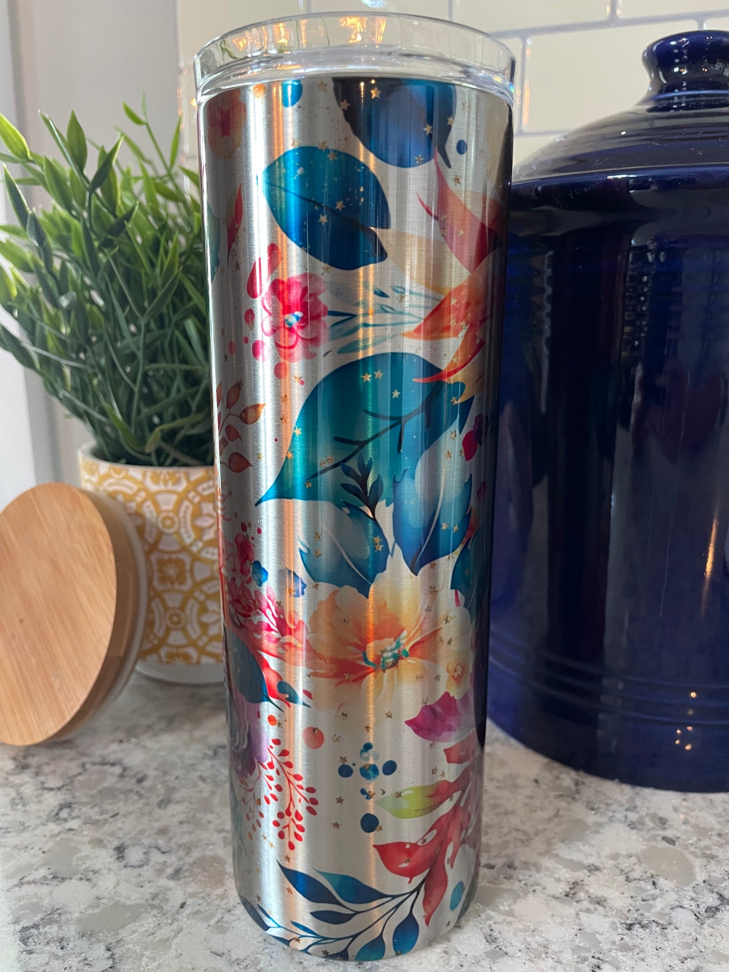 20 ounce Insulated Skinny Tumbler - Clear Bright Rainbow Flowers