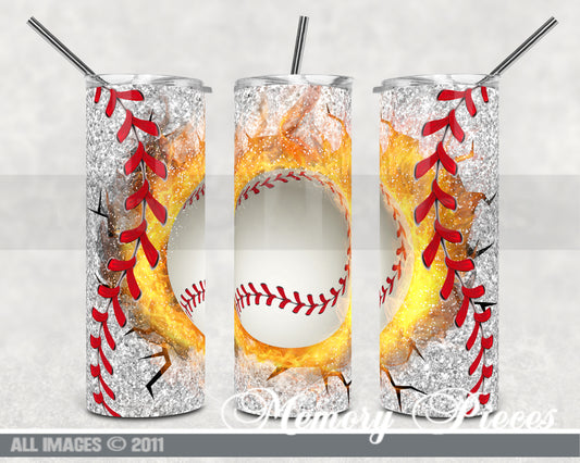 20 ounce Insulated Skinny Tumbler - Baseball, Fire, Glitter