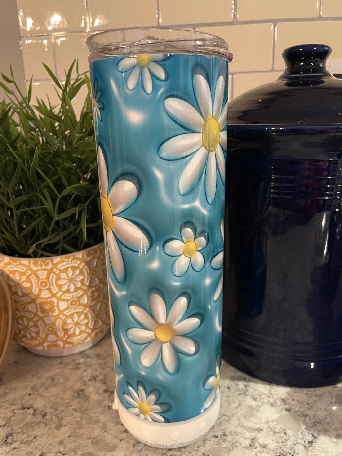 20 ounce Bluetooth Speaker Insulated Skinny Tumbler - Blue Daisy Puffy Look