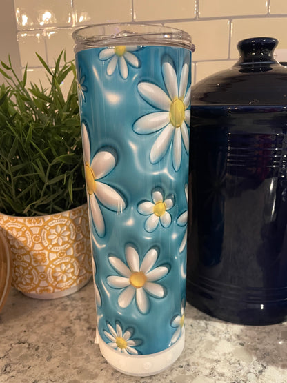 20 ounce Bluetooth Speaker Insulated Skinny Tumbler - Blue Daisy Puffy Look