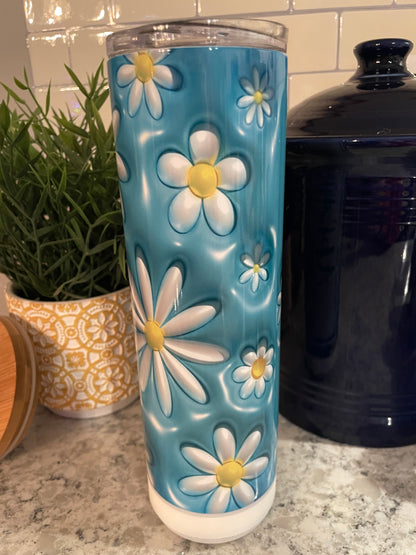 20 ounce Bluetooth Speaker Insulated Skinny Tumbler - Blue Daisy Puffy Look