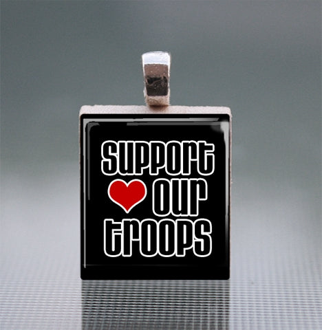 'Support our Troops' Scrabble Tile Pendant with Silver Ball Chain