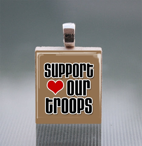 'Support our Troops' Scrabble Tile Pendant with Silver Ball Chain