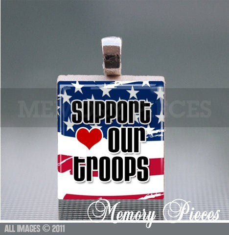 'Support our Troops' Scrabble Tile Pendant with Silver Ball Chain