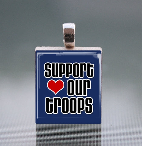 'Support our Troops' Scrabble Tile Pendant with Silver Ball Chain