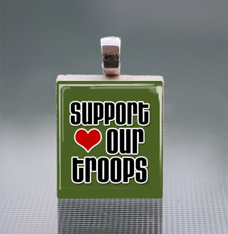 'Support our Troops' Scrabble Tile Pendant with Silver Ball Chain