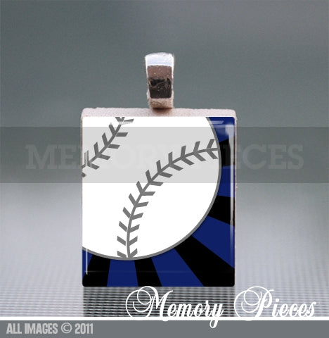 Baseball - Blue Scrabble Tile Pendant with Ball Chain