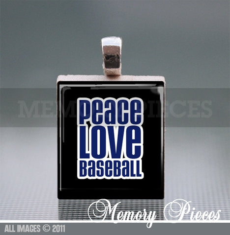 'Peace Love Baseball' Scrabble Tile Pendant with Ball Chain