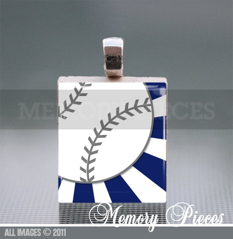 Baseball - Blue Scrabble Tile Pendant with Ball Chain