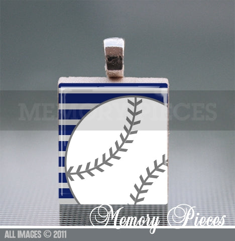 Baseball - Blue Scrabble Tile Pendant with Ball Chain