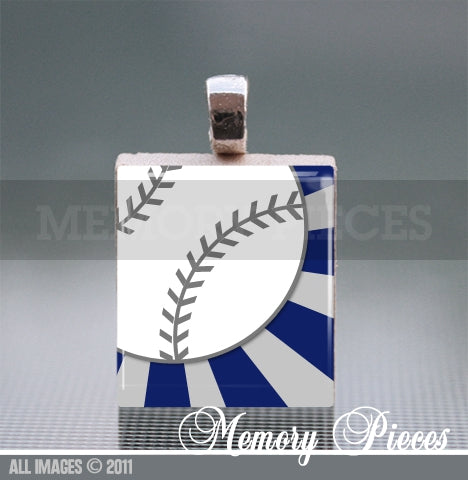 Baseball - Blue Scrabble Tile Pendant with Ball Chain