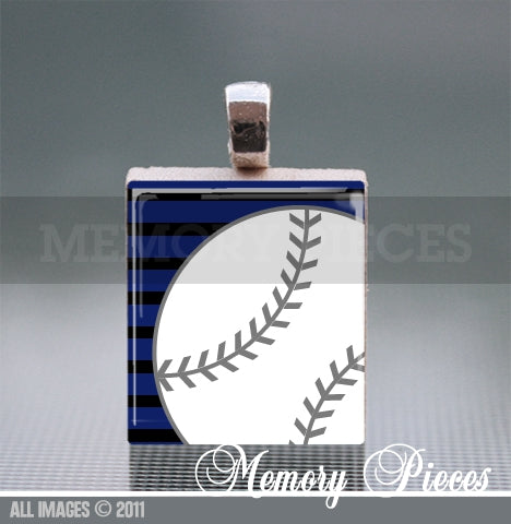 Baseball - Blue Scrabble Tile Pendant with Ball Chain