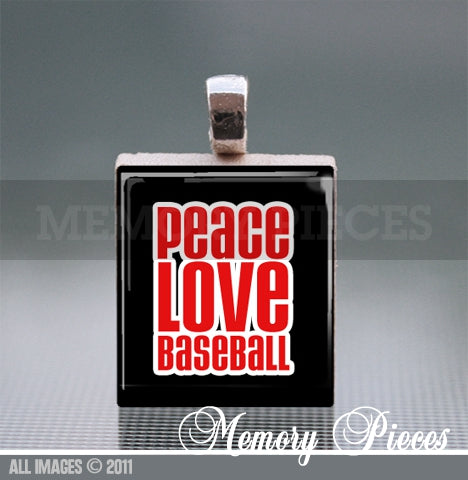 'Peace Love Baseball' Scrabble Tile Pendant with Ball Chain