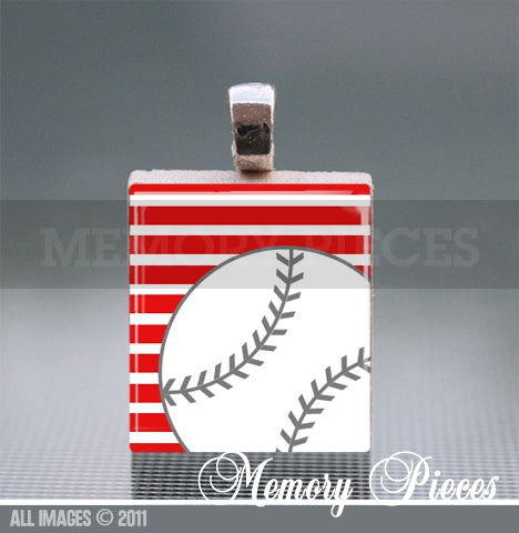 Baseball - Red Scrabble Tile Pendant with Ball Chain