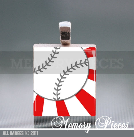 Baseball - Red Scrabble Tile Pendant with Ball Chain