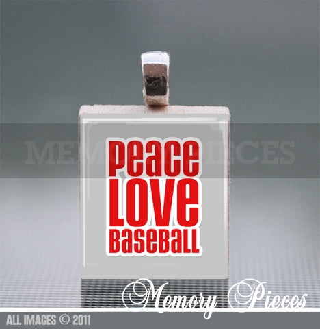 'Peace Love Baseball' Scrabble Tile Pendant with Ball Chain