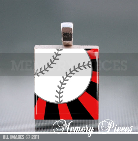 Baseball - Red Scrabble Tile Pendant with Ball Chain