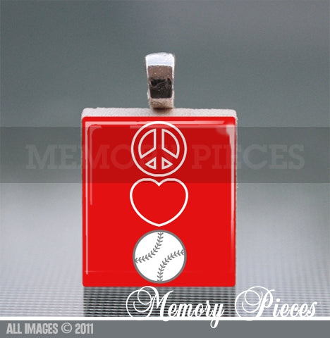 Peace - Love - Baseball Scrabble Tile Pendant with Ball Chain