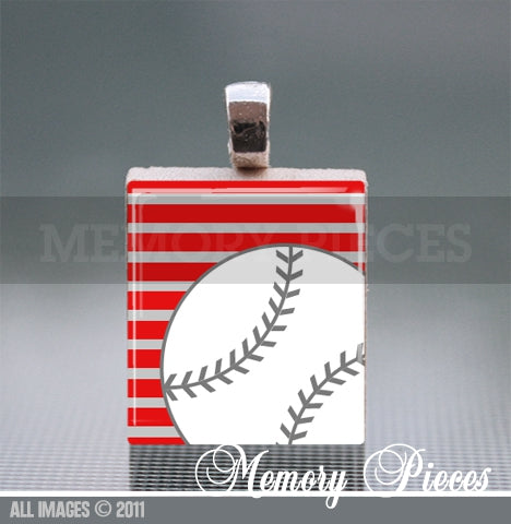 Baseball - Red Scrabble Tile Pendant with Ball Chain