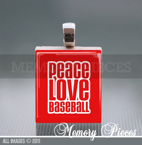 'Peace Love Baseball' Scrabble Tile Pendant with Ball Chain