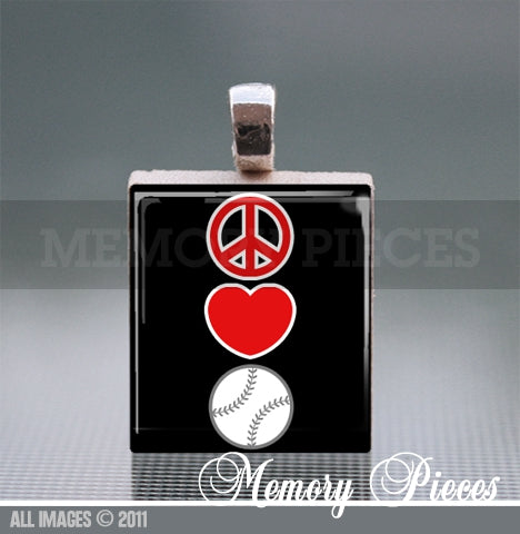 Peace - Love - Baseball Scrabble Tile Pendant with Ball Chain