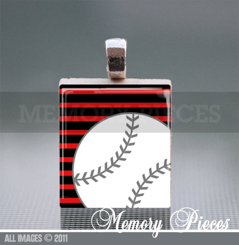 Baseball - Red Scrabble Tile Pendant with Ball Chain