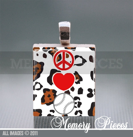 Peace - Love - Baseball Scrabble Tile Pendant with Ball Chain