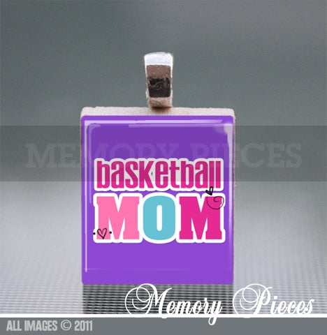 Basketball 'Mom' Scrabble Tile Pendant with Ball Chain