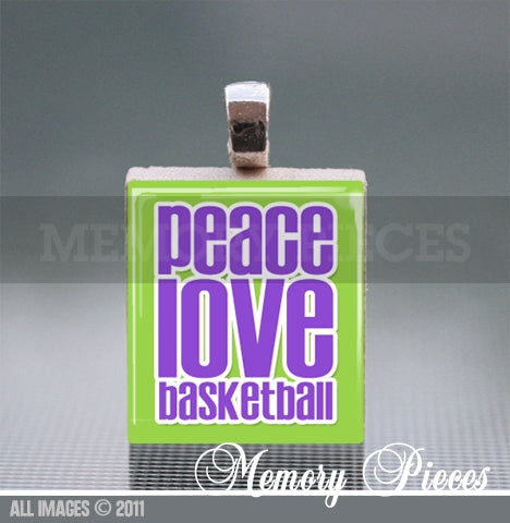 'Peace Love Basketball' Scrabble Tile Pendant with Ball Chain