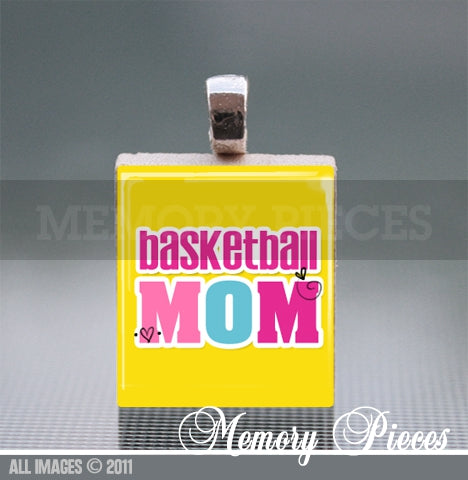 Basketball 'Mom' Scrabble Tile Pendant with Ball Chain