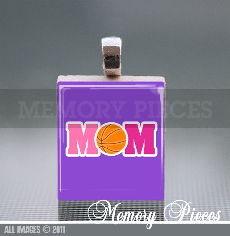 Basketball 'Mom' Scrabble Tile Pendant with Ball Chain