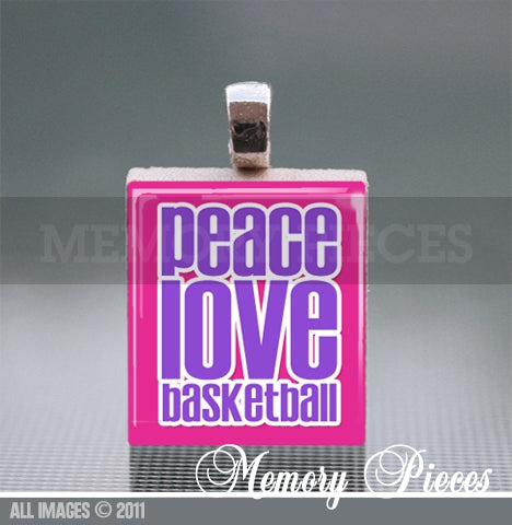 'Peace Love Basketball' Scrabble Tile Pendant with Ball Chain