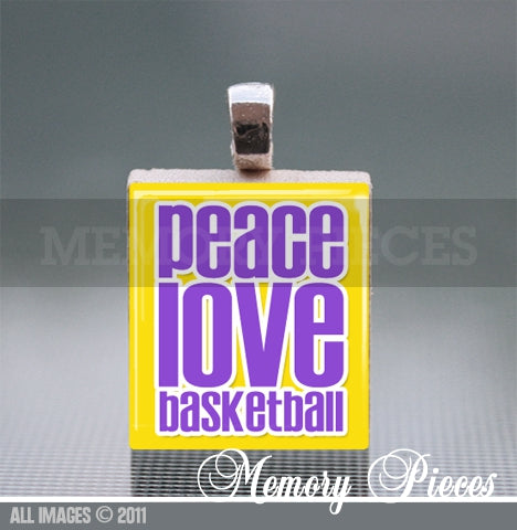 'Peace Love Basketball' Scrabble Tile Pendant with Ball Chain