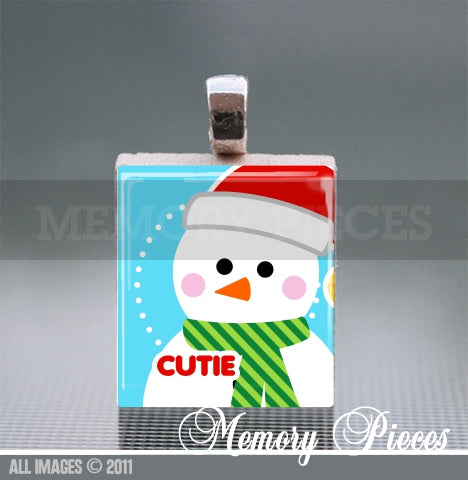 Snowman Cutie Scrabble Tile Pendant with Silver Ball Chain