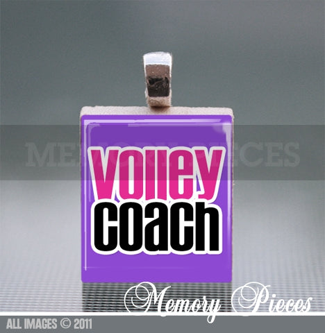 'Volley Coach' Volleyball Scrabble Tile Pendant with Silver Ball Chain