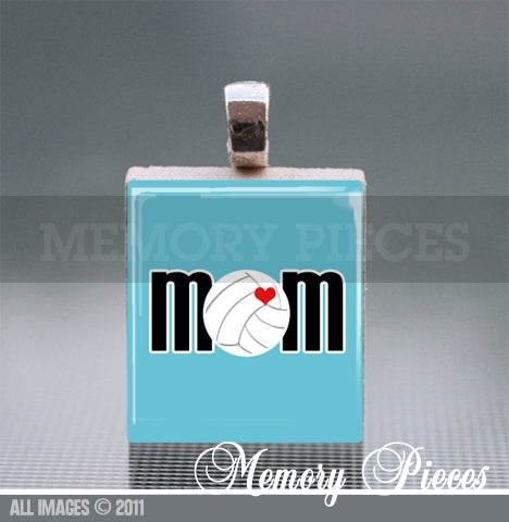 'Mom' Volleyball Scrabble Tile Pendant with Silver Ball Chain