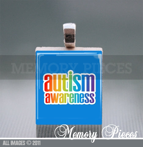 Autism Awareness Scrabble Tile Pendant with Silver Ball Chain.