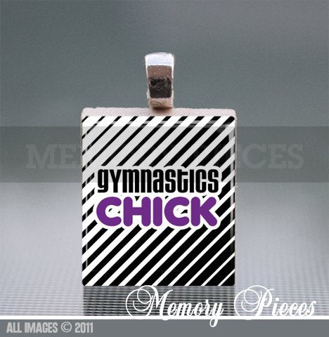 Gymnastics Chick Scrabble Tile Pendant with Ball Chain