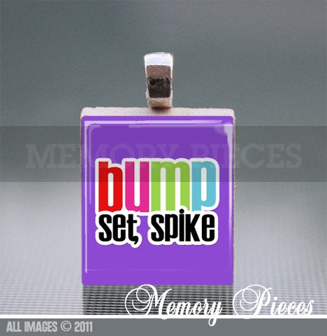 Bump - Set- Spike Volleyball Scrabble Tile Pendant with Ball Chain