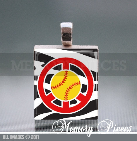 Softball Peace Scrabble Tile Pendant with Ball Chain