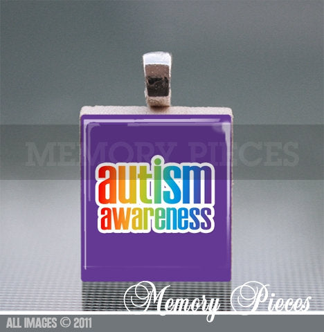 Autism Awareness Scrabble Tile Pendant with Silver Ball Chain.