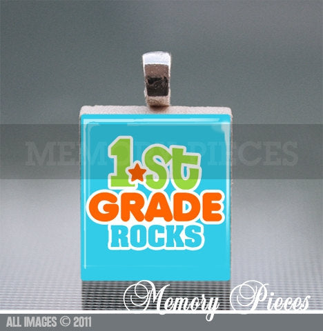 1st Grade Rocks Scrabble Tile Pendant with Silver Ball Chain