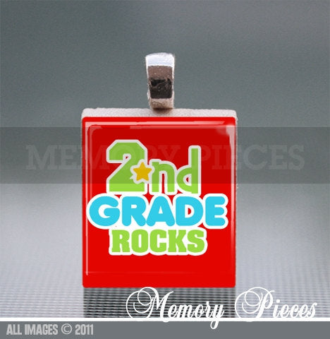 2nd Grade Rocks Scrabble Tile Pendant with Silver Ball Chain