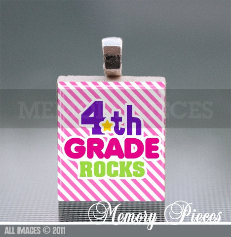 4th Grade Rocks Scrabble Tile Pendant with Silver Ball Chain