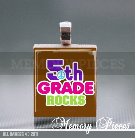 5th Grade Rocks Scrabble Tile Pendant with Silver Ball Chain