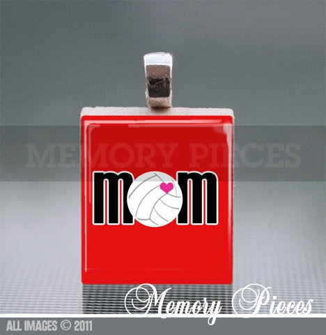 'Mom' Volleyball Scrabble Tile Pendant with Silver Ball Chain