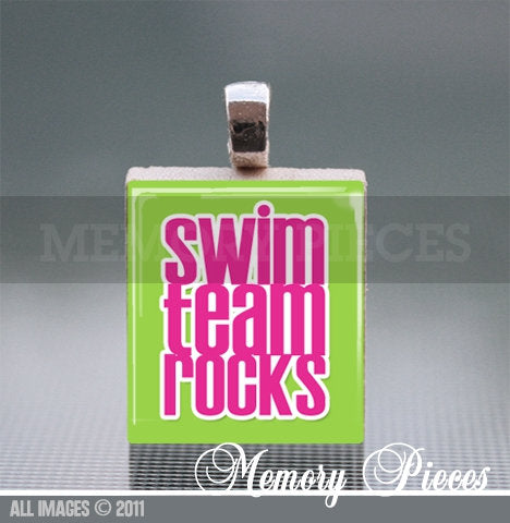 Swim Team Rocks Scrabble Tile Pendant with Ball Chain