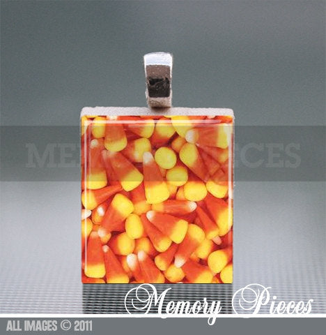 Candy Corn - Halloween Scrabble Tile Pendant with Silver Ball Chain