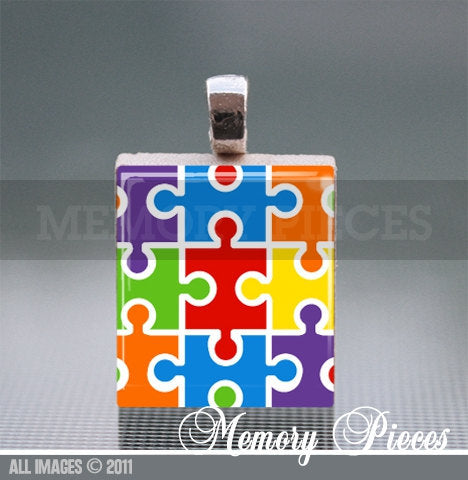 Autism Awareness 'Puzzle Pieces' Scrabble Tile Pendant with Ball Chain